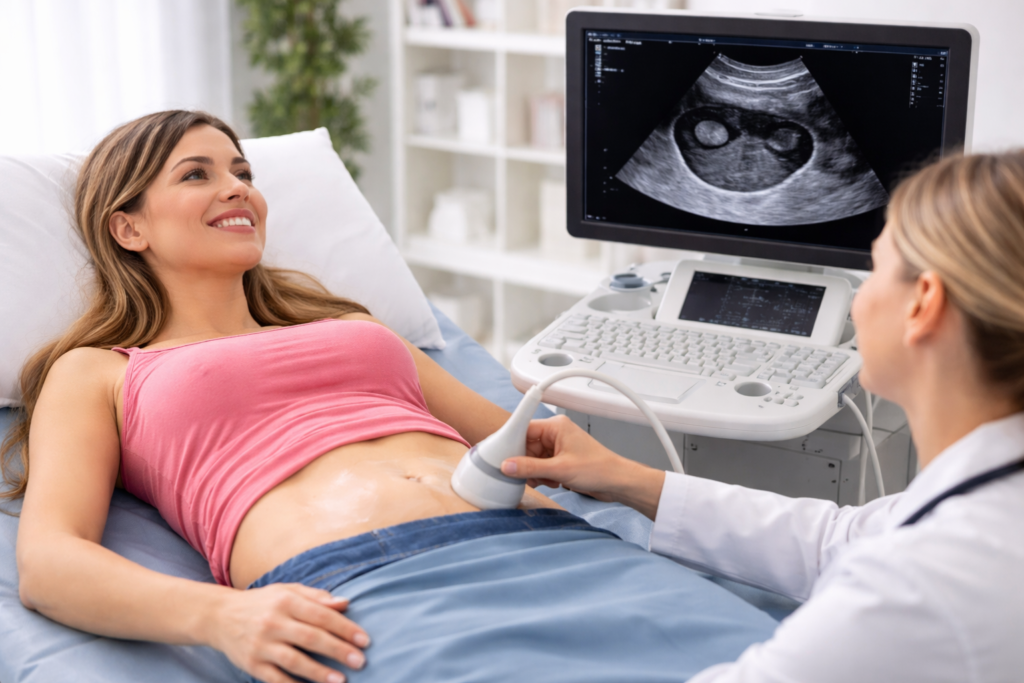 woman undergoing ultrasound in medical office